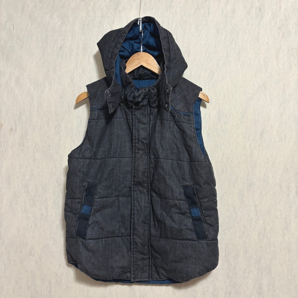 GRAY by Saks Fifth Avenue Puffer Vest Gray Denim Quilted Detachable Hood Medium